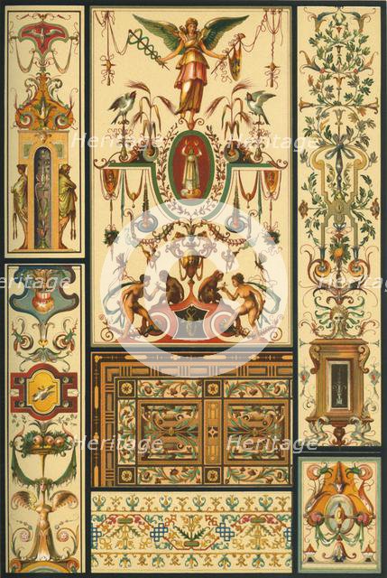 German Renaissance ceiling and wall painting, wood mosaic and embroidery, (1898). Creator: Unknown.