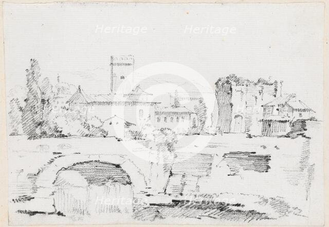 An Italian Town with a Stone Bridge and a Waterfall, 1744/1750. Creator: Joseph-Marie Vien the Elder.