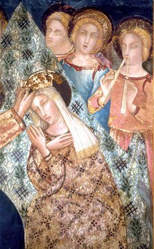  'Coronation of the Virgin Mary and Jesus' detail of the Paintings by Ferrer Bassa, preserved fre…