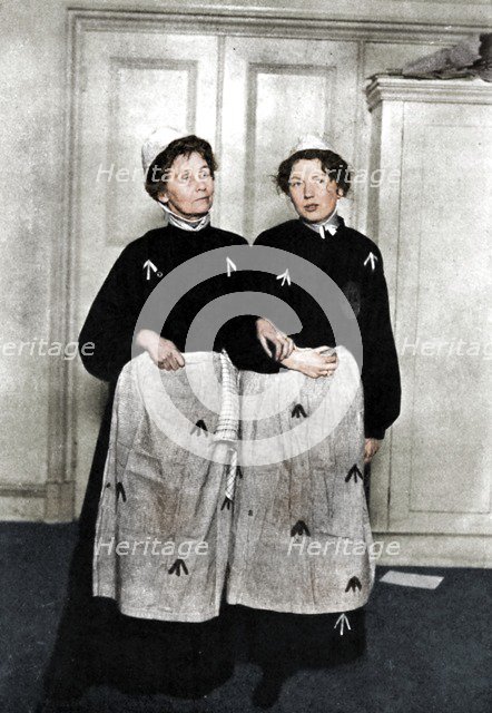 Emmeline and Christabel Pankhurst, English suffragettes, in prison dress, 1908. Artist: Unknown.