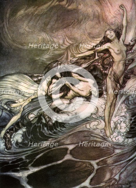 'The Rhine Maidens obtain possession of the ring and bear it off in triumph' c1911. Artist: Arthur Rackham