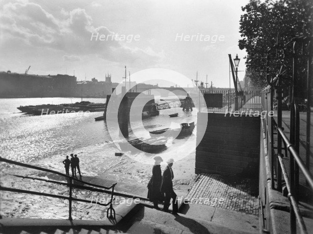View upstream from near Traitor's Gate, City of London, before 1933.  Artist: George Davison Reid