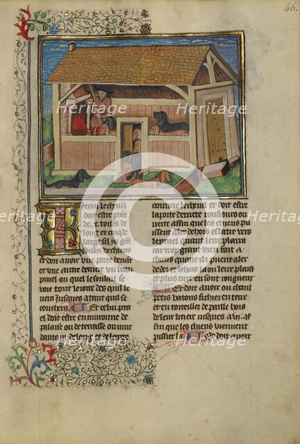 A Hunter Attending to Kenneled Dogs; Livre de la Chasse, about 1430-1440. Creator: Unknown.