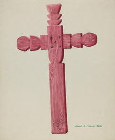 Red Wooden Cross used as Headstone, c. 1937. Creator: Majel G. Claflin.