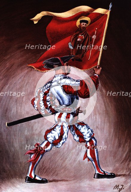 Flag bearer from the canton of Glaris, c. 1510. Color engraving from 1943, published by Editions …