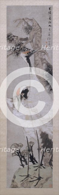 Cranes, Pine Tree, and Lichen, dated 1885. Creator: Ren Yi.