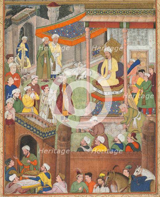 Babur receives booty and Humayun’s salute after the victory over Sultan Ibrahim..., c. 1596-1597 or  Creator: Unknown.