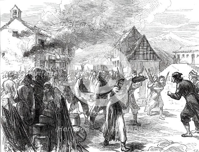 A Journey into the Herzegovina: Fire at a Gunpowder Depot at Grahovo, 1876. Creator: C.R..