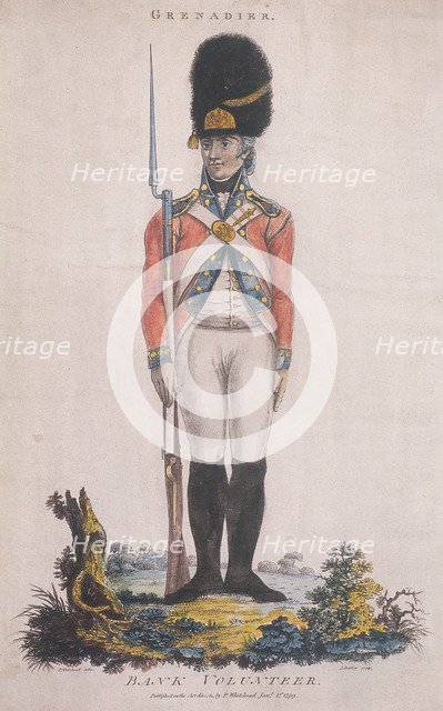 Grenadier in the Bank Volunteers, holding a rifle with a bayonet attached, 1799. Artist: John Barlow