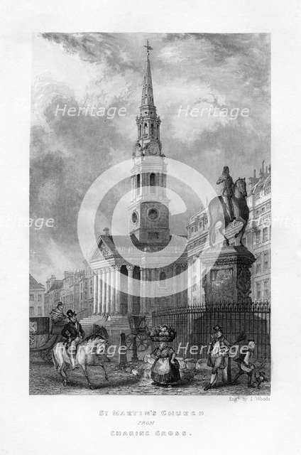 St Martin's Church from Charing Cross, London, 19th century.Artist: J Woods