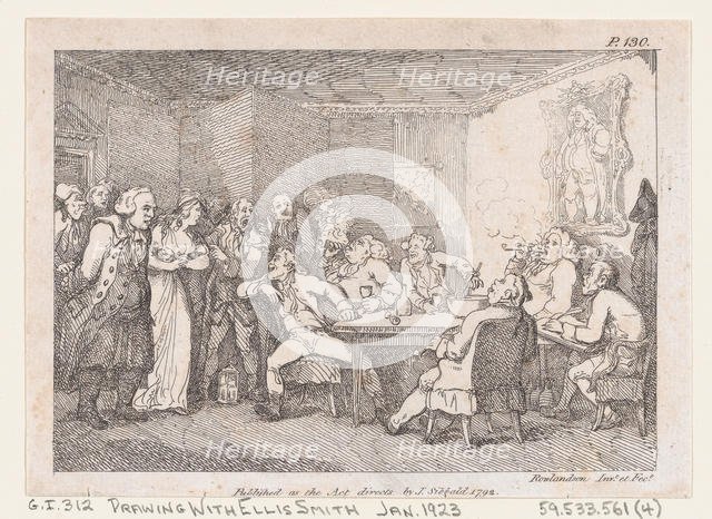 Parson Adams & Fanny examined as culprits before the country Justice, from "The Adventures..., 1792. Creator: Thomas Rowlandson.
