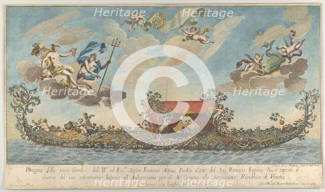 The highly ornamented third gondola of Francesco Antonio Berka entering Venice, Gods on cl..., 1700. Creator: Johann Georg Wolfgang.