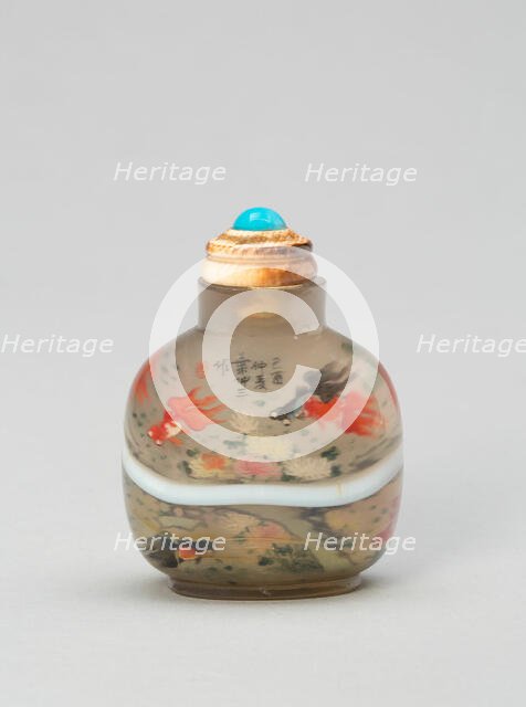 Snuff Bottle with Bug-Eyed Long-Tailed Fish and Fronds, Qing dynasty (1644-1911), dated 1909. Creator: Unknown.