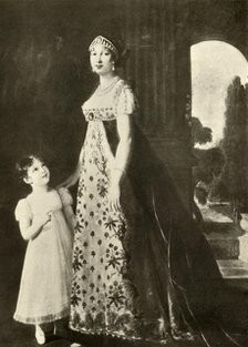 'Empire gown and child's dress trimmed with Valenciennes lace', 1804, (1937). Creator: Unknown.