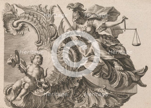 Design for a Rocaille Cartouche with the Figure of Justitia, Plate 2 from a..., Printed ca. 1750-56. Creator: Jacob Gottlieb Thelot.