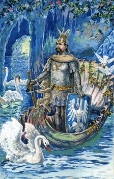 King Ludwig II as Lohengrin in the Blue Grotto of Linderhof Palace, c. 1900.