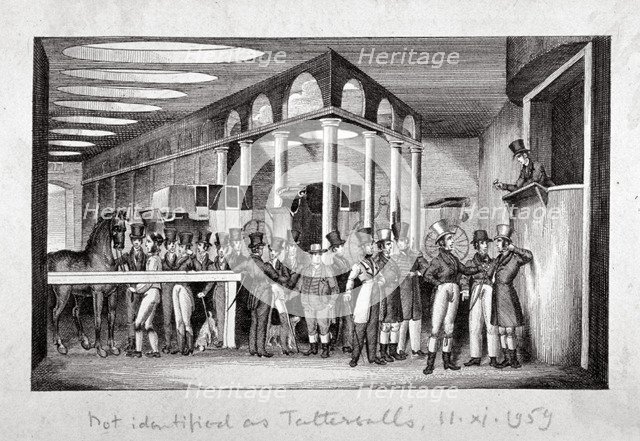 Interior view of a horse sale yard, possibly Tattersall's, Hyde Park Corner, London, c1830.          Artist: Anon