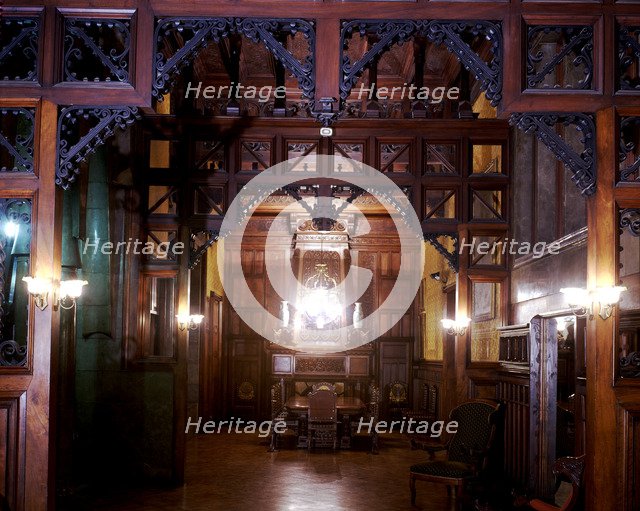 Perspective view of the main dining room of the Güell Palace with the original furniture, 1886-18…