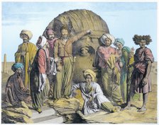 Archaeologist Bernardino Drovetti measuring a colossal head in the Egyptian desert, 1819. Artist: G Engelmann