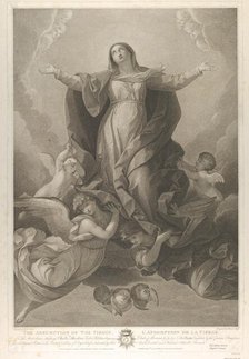 The assumption of the Virgin, who rises with arms outstretched, angels supporting her from..., 1792. Creator: Carl Ernst Christoph Hess.