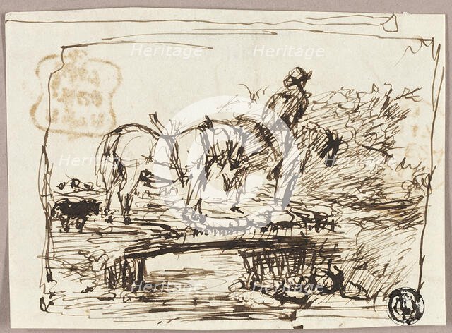Sketch of Horses Crossing Bridge, c.1847. Creator: John Burnet.