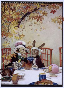 The March Hare and the Mad Hatter having tea, Alice's Adventures in Wonderland, 1922. Creator: Gwynedd M Hudson.
