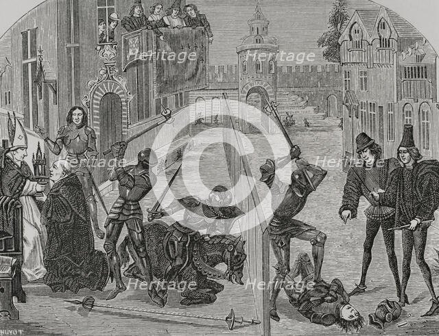 The Abbot of Saint-Denis, kneeling before the Bishop of Paris...15th century (1877).  Creator: Unknown.