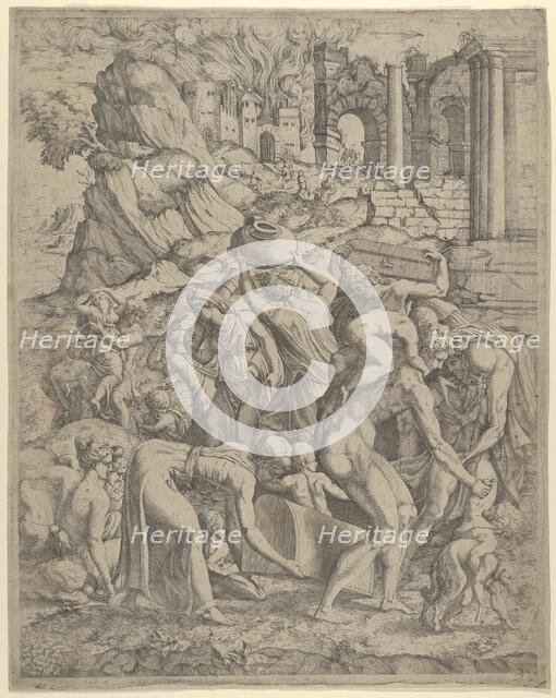 People Fleeing a Burning City, 16th century., 16th century. Creator: Anon.