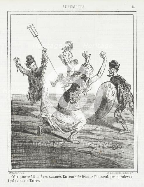 Cette pauvre Albion! Ces satanés farceurs de fénians finissent par lui enlever toutes..., 1866. Creator: Cham.