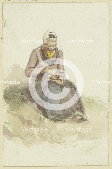 An old woman sits on a lawn holding a bowl of milk in her lap, c1840s. Creator: Jakob Dielmann.