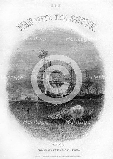 Fleet passing the fort and obstructions, Battle of Mobile Bay, August 5, 1864, (1862-1867). Artist: Unknown