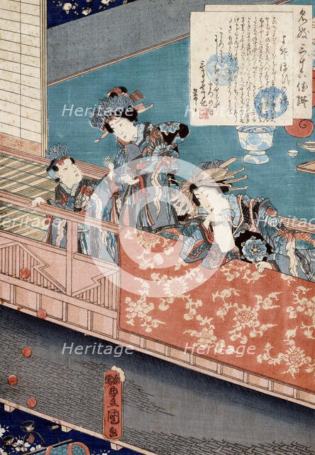 Yosooi: Courtesans on a balcony watching a street juggler,  c1860. Creator: Utagawa Kunisada.