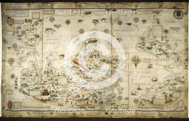 [Whole map] Desceliers map of the world; with illuminated borders..., 1550. Creator: Pierre Desceliers.