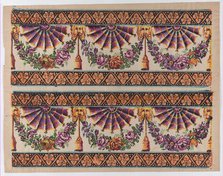 Sheet with two borders with three fans and floral garlands, late 18t..., late 18th-mid-19th century. Creator: Anon.