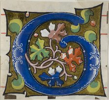 Decorated Initial "G" with Flowers from a Choir Book, 14th century or modern, c. 1920. Creator: Unknown.
