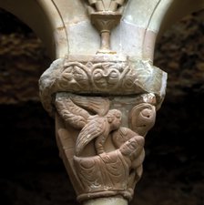 Detail of a capital representing 'The Dream of St. Joseph' in the cloister of the monastery of Sa…