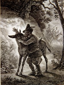 Scene in 'Don Quixote of La Mancha' where Sancho finds his grey horse, French edition, Paris, 182…