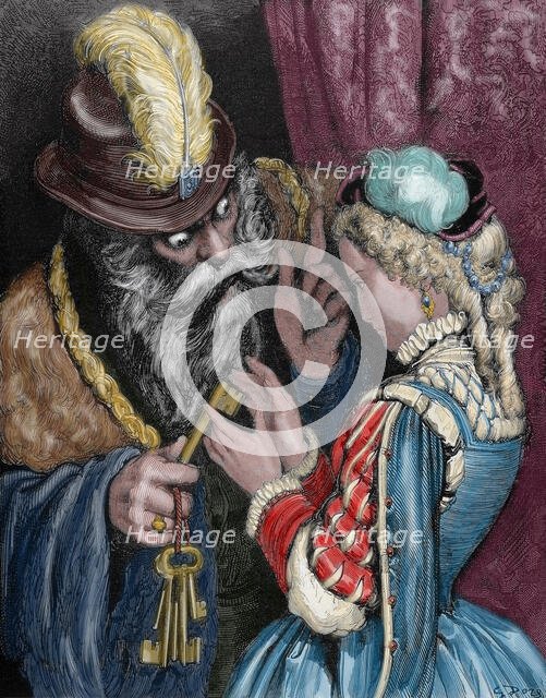 Bluebeard and his wife, 1862. Creator: Gustave Doré.