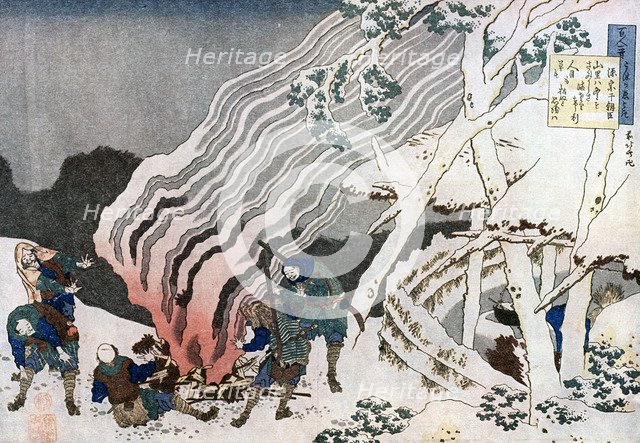 Hunters by a fire in the snow, c1835.Artist: Hokusai