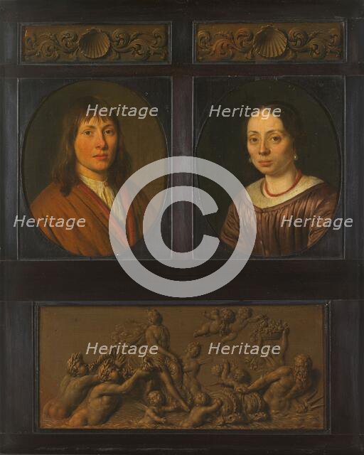 Portraits of a Man and a Woman framed with two ornamental frieze miniatures with shell motif and a T Creator: Pieter Cornelisz. van Slingeland.
