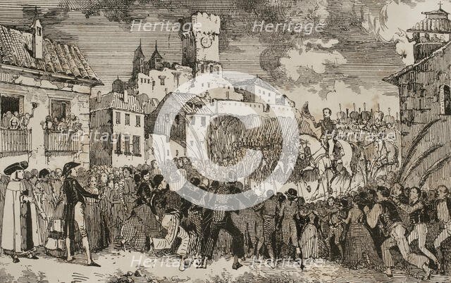 Entry into Spain of French general Pierre Antoine Dupont de l'Etang in 1808, (1851).  Creator: Unknown.