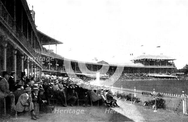 The English Cricket Team in Australia: members' pavilion and grand stand, Melbourne..., 1898. Creator: Harvie & Sutcliffe.