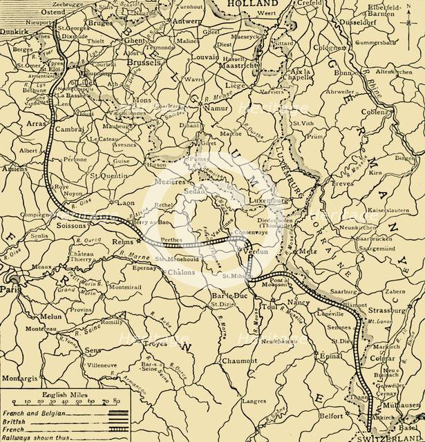 Belgian, British and French positions, First World War, 1915, (c1920). Creator: Unknown.