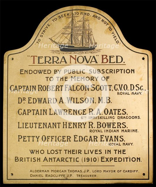 Terra Nova bed plaque, Hamadryad Hospital, Cardiff, c1910s. Creator: Unknown.