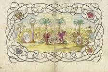 Three boys, holding sickles and coats of arms..., 1733. Creator: Johann Esaias Nilson.