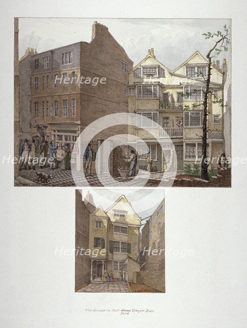 Two views of 17th century houses in Little Bell Alley, City of London, 1818. Artist: Robert Blemmell Schnebbelie
