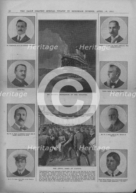 'An Artist's Impression of the Disaster' and 'The Awful News at Lloyd's', April 20, 1912. Creator: Unknown.