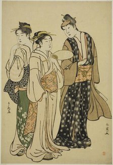 The Actor Iwai Hanshiro IV in Street Attire (by Shun'ei) Conversing with Two Women..., c. 1788. Creators: Katsukawa Shun'ei, Katsukawa Shuncho.