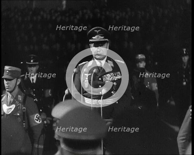 Hermann Goering Giving a Speech from a Decorated Dais at Lehrter Train Station..., 1937 Creator: British Pathe Ltd.