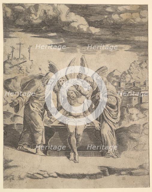 Christ seated on the tomb supported by angels, 1530-60. Creator: Master of the Die.